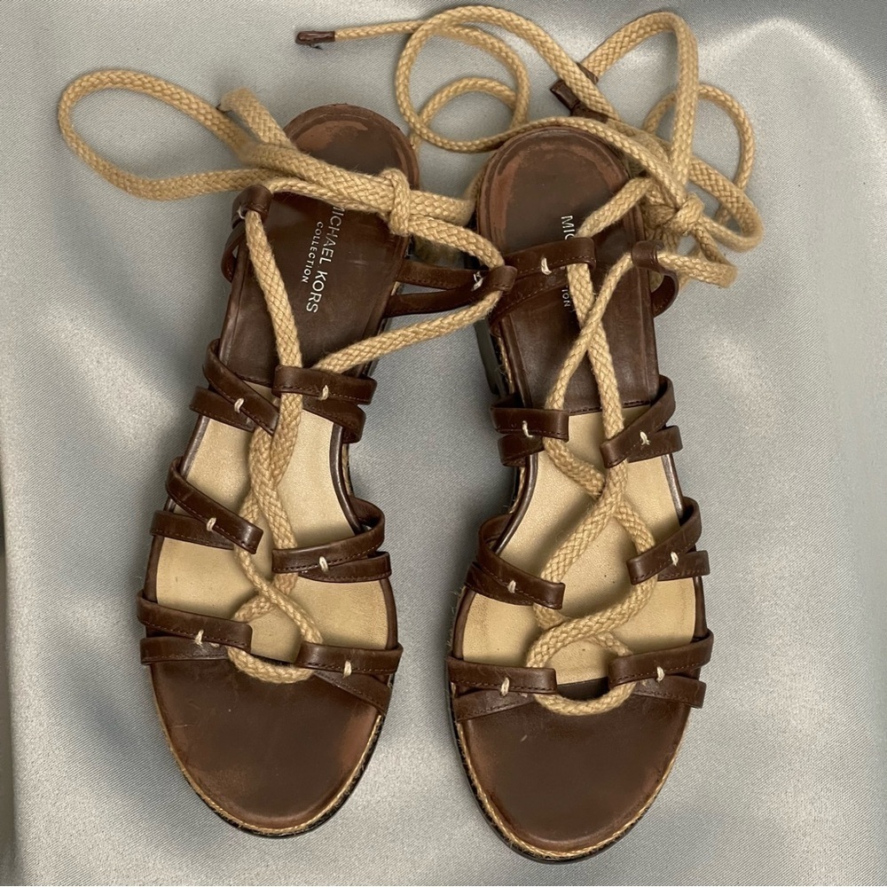 Michael Kors Brown Beige Platform Flatform Lace Up Sandals - Size 7.5, EU 37.5 - Picture 6 of 14